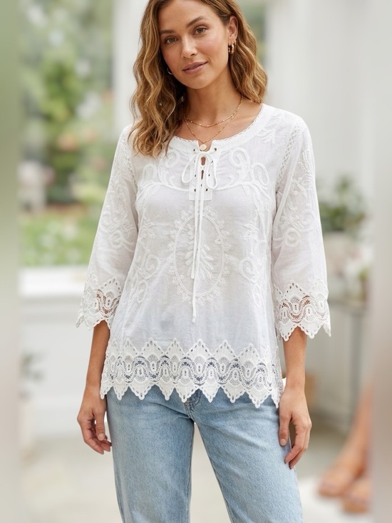 Forgotten Grace Tops - Forgotten Grace bohemian-style peasant Top white blouse Embroidered Lace-Trim XL